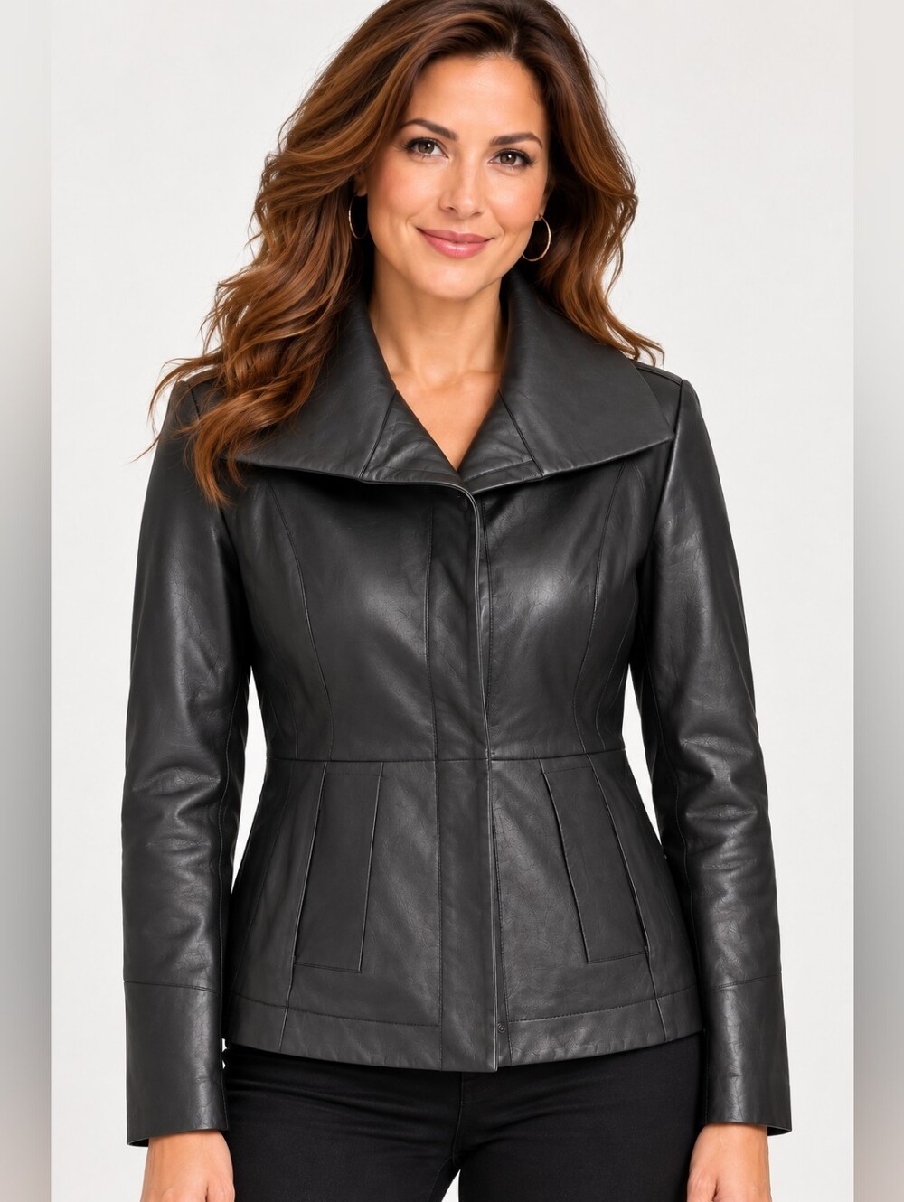 Cole Haan Black Leather Jacket with Wide Fold Collar Sz 4/ XS Zipper